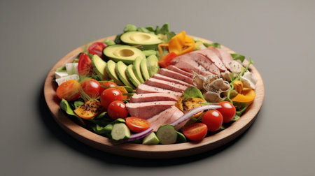 Generative AI : Salad from roasted meat beans pepper lettuce basil and asparagus in a restaurantの素材