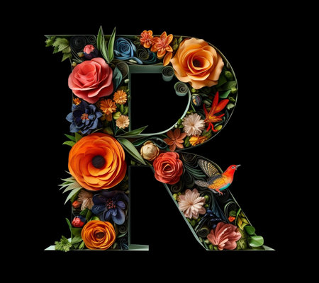 Generative AI : alphabetical letter R made of flowers clipping pathの素材