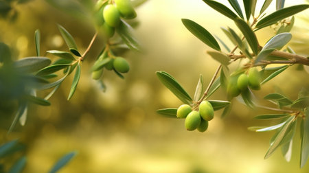 Generative AI : Olive tree with leaves natural sunny agricultural food background with water reflectionの素材