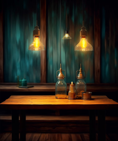 Generative AI : green apple on vintage table in old wooden interior with light bulbの素材