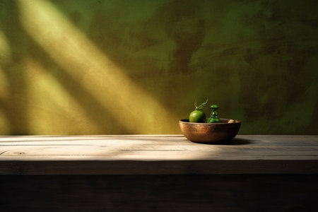 Generative AI : green cup on table in old wooden interior with light bulbの素材