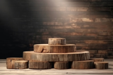 Generative AI : wooden ladder by the stump stack of wood photoの素材