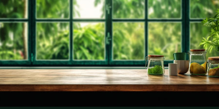 Generative AI : green cup on wooden table in old room with big windowsの素材