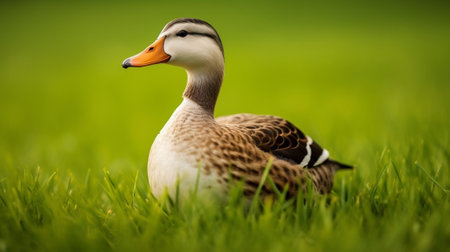 Generative AI : mallard duck on green grass Anas platyrhynchus colorful male duckの素材