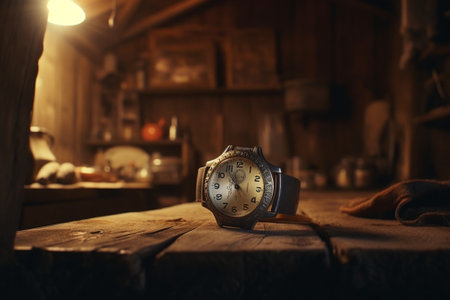 Generative AI : antique table and vintage watch in old grunge wooden room retro film filtered instagram styleの素材