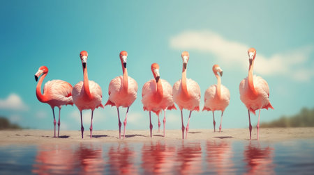 Generative AI : Group of phoenicopterus roseus pink flamingo standing in the lake animal natural backgroundの素材