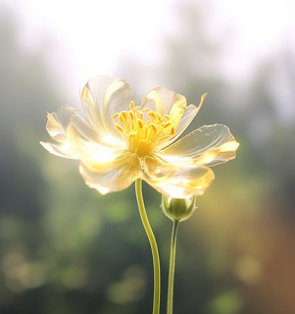 Generative AI : Buttercup yellow flower on the green meadow with sun raysの素材