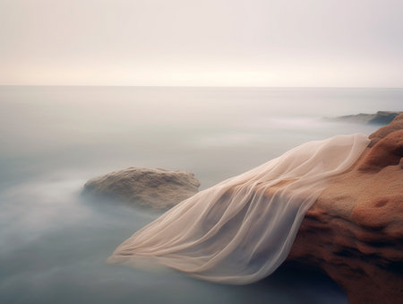 Generative AI : Dreamy natural background with sea shore rocks and waves Long exposureの素材