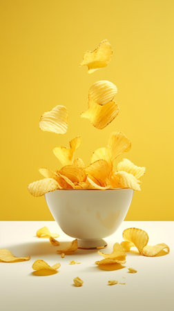 Generative AI : Golden fresh chips in the yellow bowlの素材
