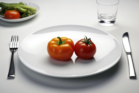 Generative AI : Single and a halves of fresh tomatoes on the plateの素材