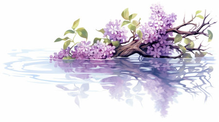 Generative AI : Branch of lilac flowers with the leaves vintage retro hipster image with water reflection seasonal spring holiday backgroundの素材