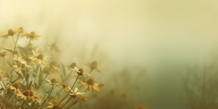 Generative AI : Wild camomile flowers growing on green foggy meadow retro vintage backgroundの素材