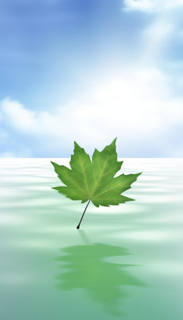 Generative AI : Green maple leaves on bokeh background with water reflectionの素材