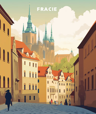Generative AI : Prague Castle and Old City day view with blue sky travel vivid autumn european backgroundの素材