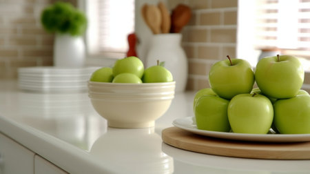 Generative AI : green apple on old wooden table in the kitchenの素材