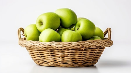 Generative AI : fresh apples in wicker basket studio shot on white backgroundの素材