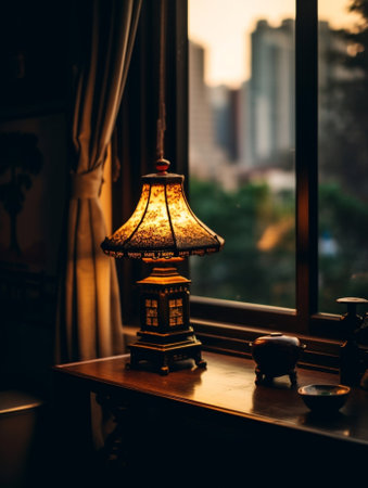 Generative AI : lamp on old wooden tableの素材