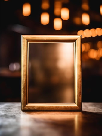 Generative AI : old photo frame on the wooden table in a night clubの素材
