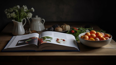 Generative AI : open cookbook on old wooden table in the kitchenの素材