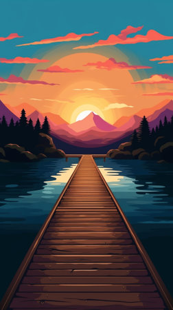 Generative AI : sunset sky and wood floor vectorの素材