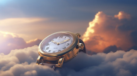 Generative AI : watch on wooden table sky backgroundの素材