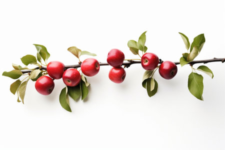 Generative AI : Branch of apple tree with red fruits and green leaves isolated on white backgroundの素材