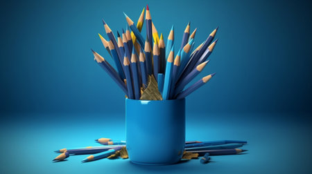 Generative AI : Multicolored pencils in blue glass with scissorsの素材