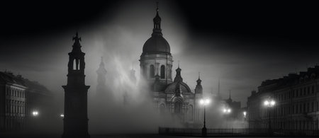 Generative AI : Market hall and town vity hall at main Cracow square at misty night black and white haloween versionの素材