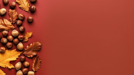 Generative AI : Autumn background with red oak leaf and copy space selective focusの素材