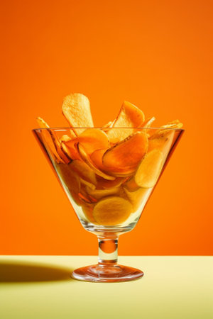 Generative AI : Golden fresh chips in the glass bowlの素材