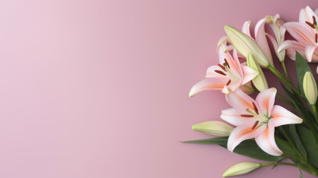 Generative AI : Pink lilies with copy space floral natural holiday backgroundの素材
