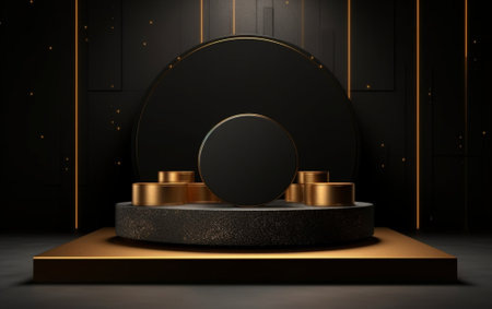 Generative AI : abstract interior design brown gold silver metal textures podium in dark room under beam of light blank graphic backgrounds for insert text or designの素材