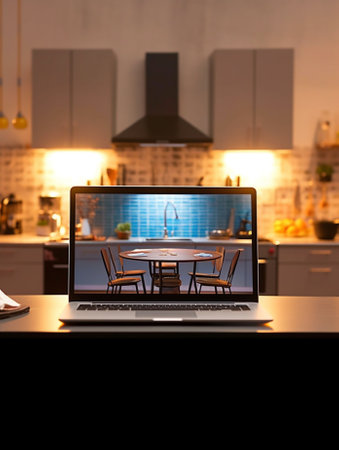 Generative AI : laptop on old wooden table in the kitchenの素材