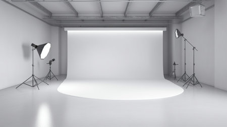Generative AI : interior background white paper background in photo studio empty room and beam of lights with grey vignetteの素材