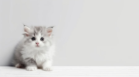 Generative AI : Cute little grey and white fluffy kitten lying and looking isolated on white backgroundの素材