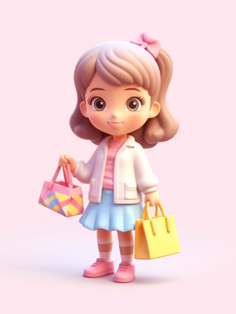 Generative AI : Little baby with pink big bag and wallet shopping conceptの素材