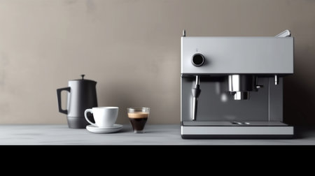Generative AI : Professional silver gray coffee machine with white cup and pouring drinkの素材