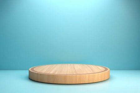 Generative AI : empty grunge circle wooden plate on old table blue backgroundの素材