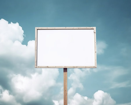 Generative AI : whiteboard empty billboard in wood frame on blue sky and trees backgroundの素材