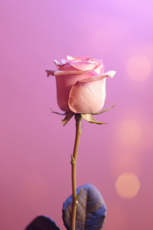Generative AI : red or pink rose flower on subtle yellow bokeh lights decorative background as greeting card design templateの素材