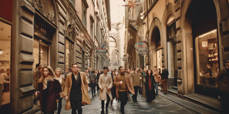 Generative AI : FLORENCE ITALY NOVEMBER 5 2015 Lungarno degli Acciaiuoli Street in Florence city with walking tourists Italy in Black and White Sepia antique Tone travel outdoor baの素材