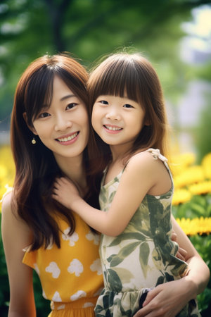 Generative AI : Happy mother and daugther in sunny dayの素材