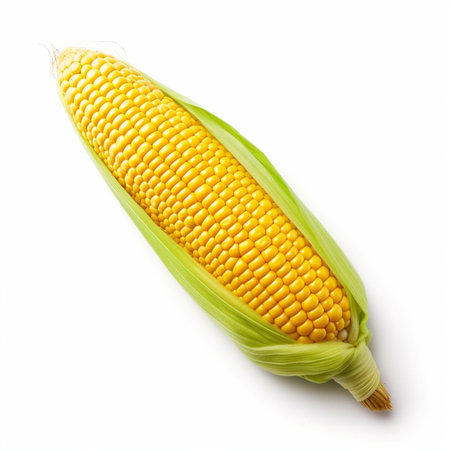Generative AI : Fresh raw corn cob with leaves isolated on the whiteの素材