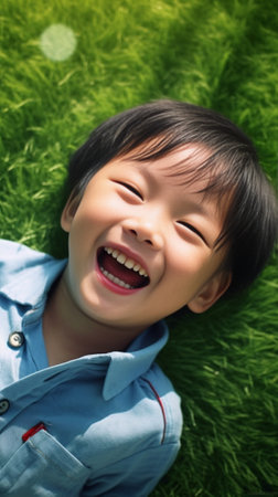 Generative AI : Portrait of a little smiling blond boy lying in the grassの素材