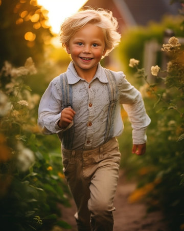 Generative AI : Portrait of a little smiling blond boy in the gardenの素材