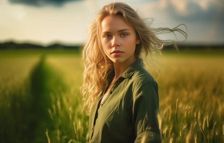 Generative AI : Portrait of beautiful blond girl in the fieldの素材