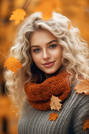 Generative AI : Outdoor autumn portrait of beautiful girlの素材