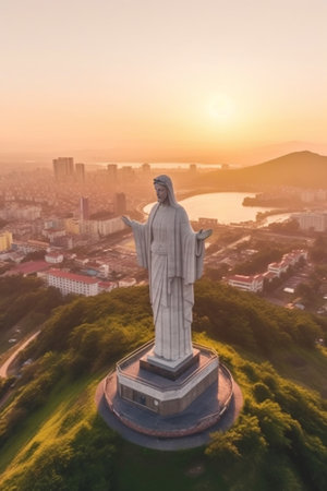 Generative AI : Panoramic view of Kyiv from the sky Sunset over summer Kiev with st Andrew church and descent Historical center of the city Filmed on drone Aerial view of travel deの素材