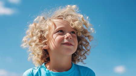 Generative AI : Outdoor shoot of little funny blonde curly girlの素材