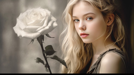 Generative AI : Portrait of blond long hair girl with red roseの素材